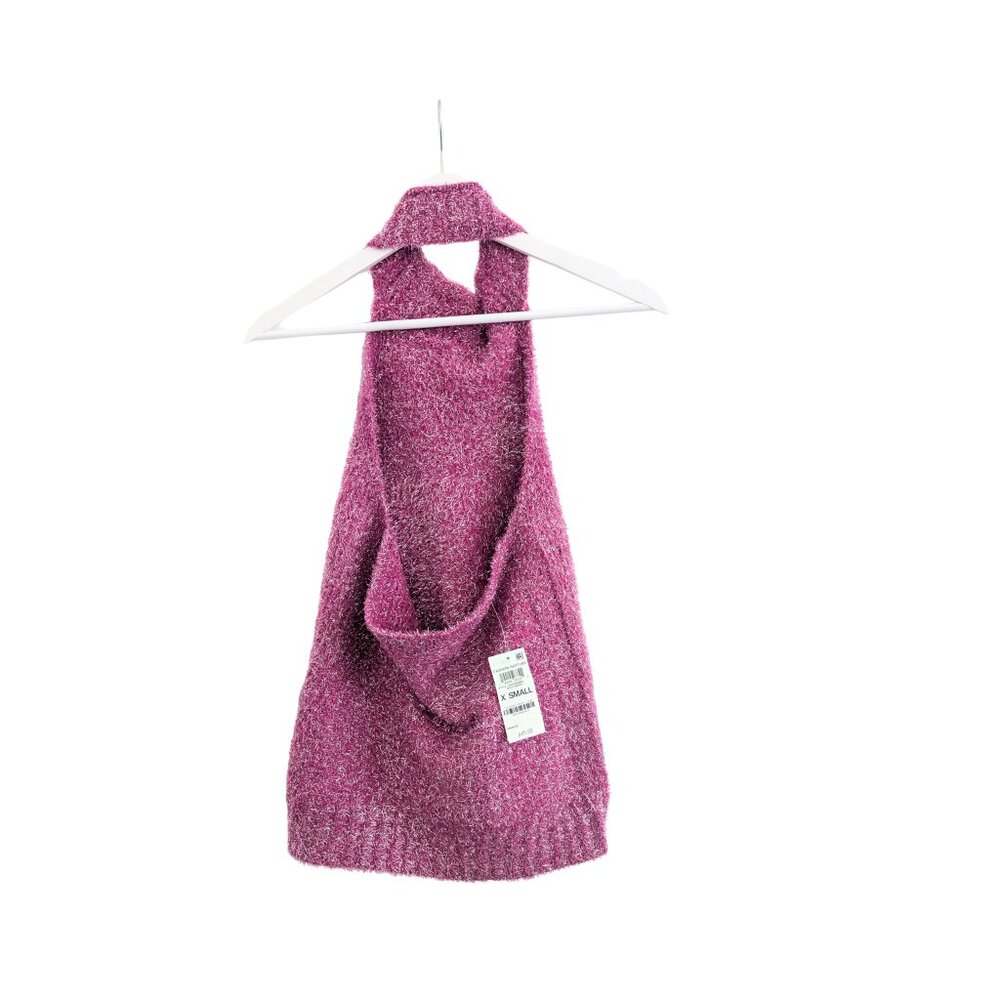 Bar III Metallic Fuzzy Sleeveless Halter Top | Open Back | Bold Berry | XS | NWT - Picture 3 of 6